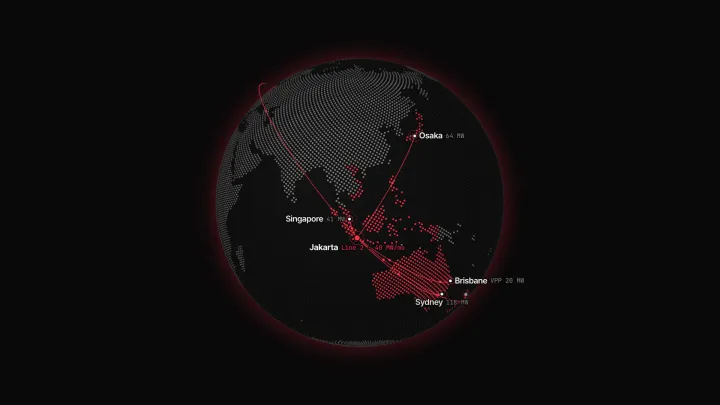 A dotted globe centred on Southeast Asia with flight arcs from Jakarta to Osaka, Singapore, Brisbane and Sydney.
