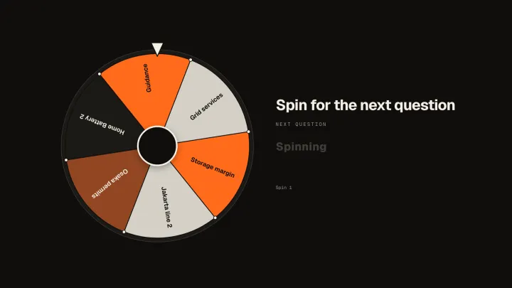 A spin wheel with six segments and the caption Spin for the next question.