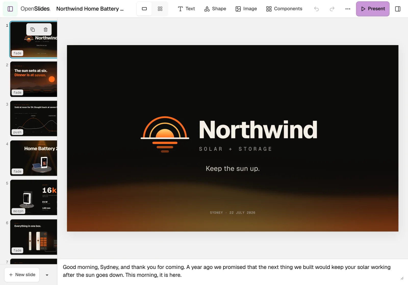 The studio on an iPad in landscape, with the slide list, the canvas and the toolbar.